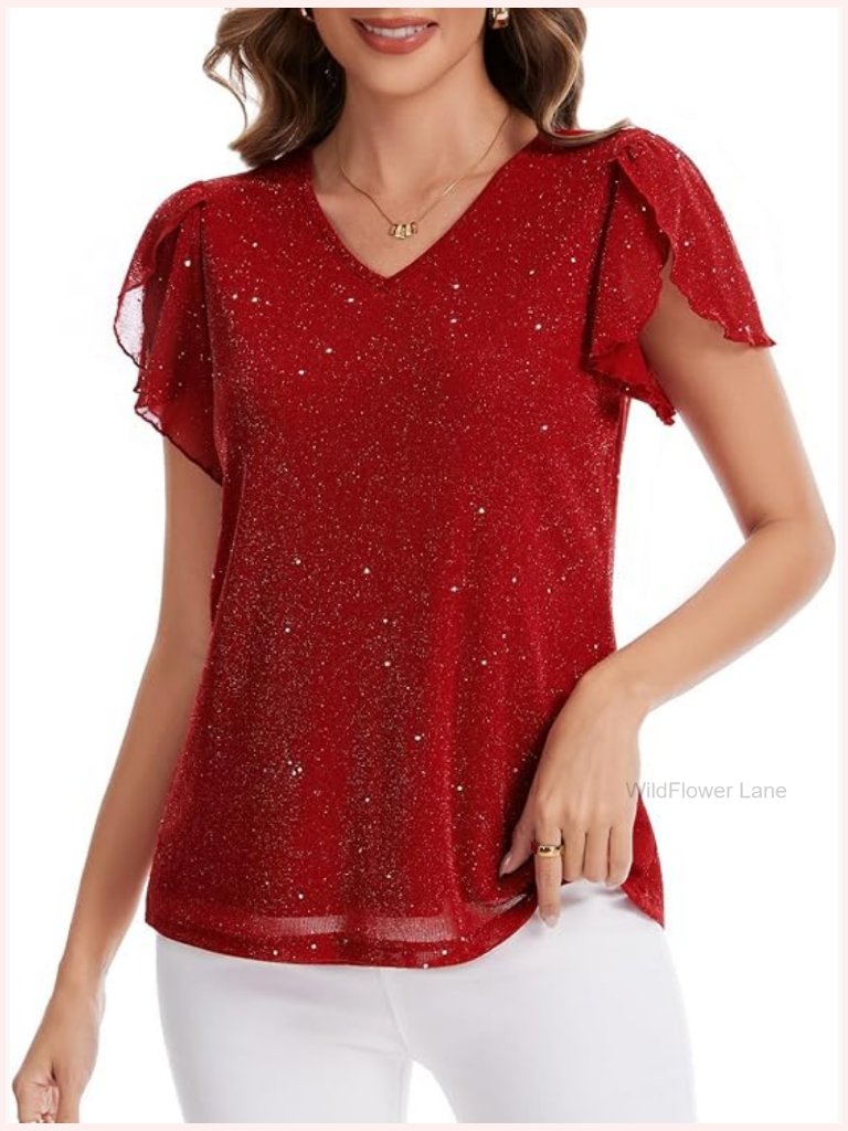 Women's Glitter Double Layer V Neck Short Sleeve Dressy Sparkly Top
